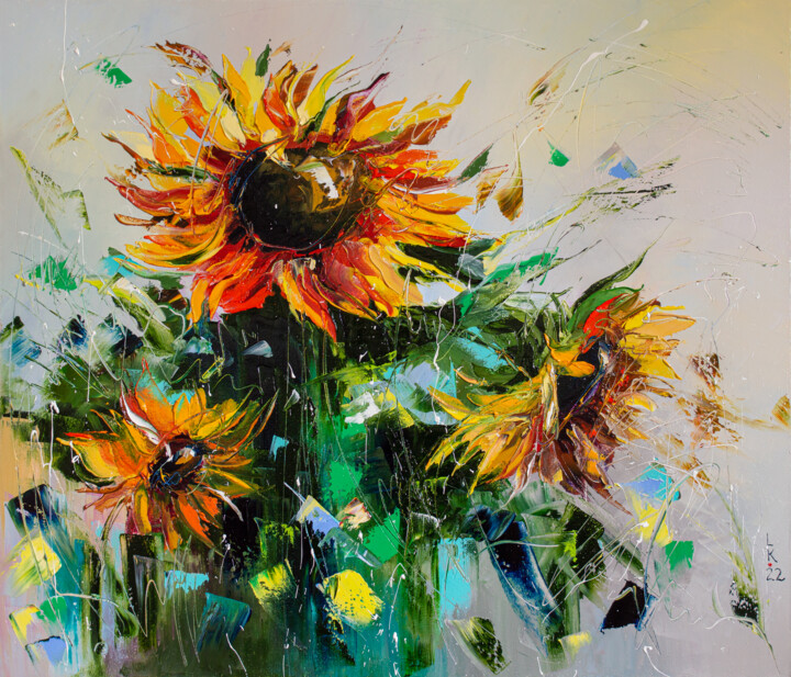 Painting titled "Sunflowers trio" by Liubov Kuptsova, Original Artwork, Oil Mounted on Wood Stretcher frame