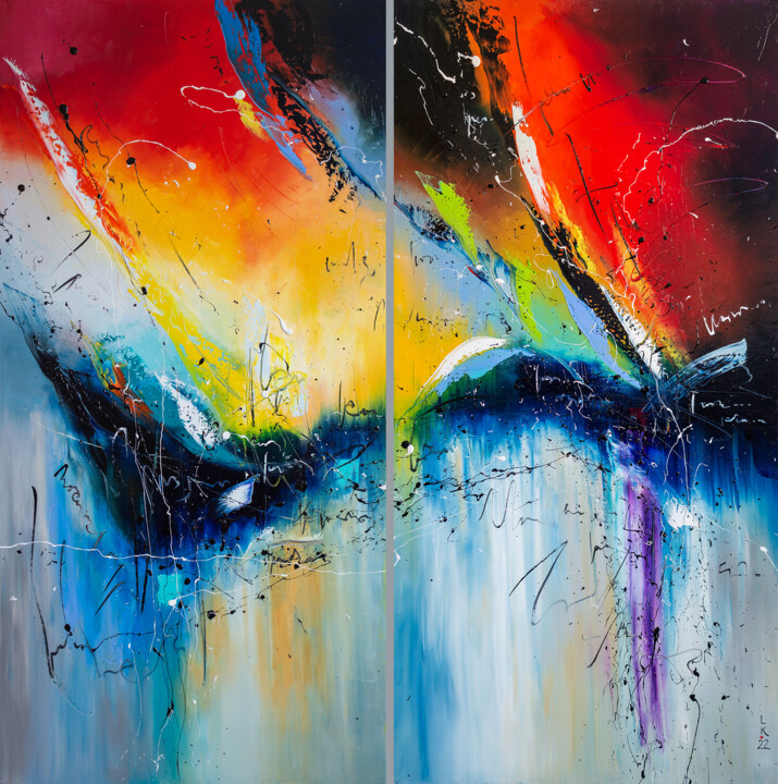 Painting titled "Fire and Ice (dipty…" by Liubov Kuptsova, Original Artwork, Oil Mounted on Wood Stretcher frame