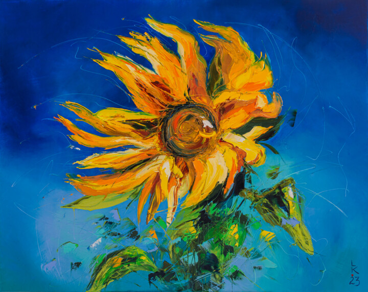 Painting titled "Flower of victory" by Liubov Kuptsova, Original Artwork, Oil Mounted on Wood Stretcher frame