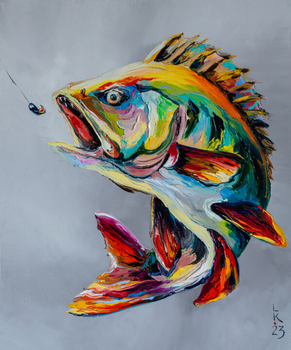 Painting titled "Hungry perch" by Liubov Kuptsova, Original Artwork, Oil Mounted on Wood Stretcher frame