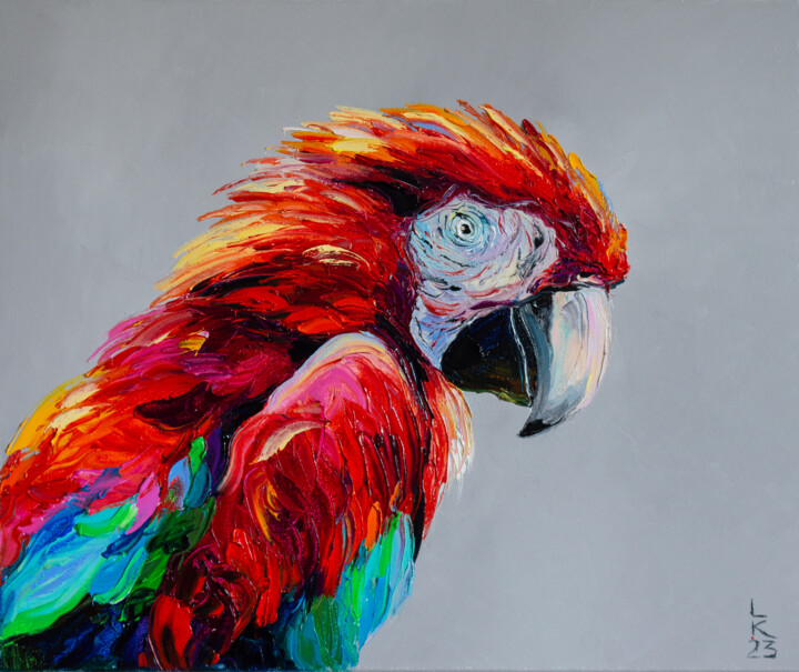 Painting titled "Macaw" by Liubov Kuptsova, Original Artwork, Oil Mounted on Wood Stretcher frame