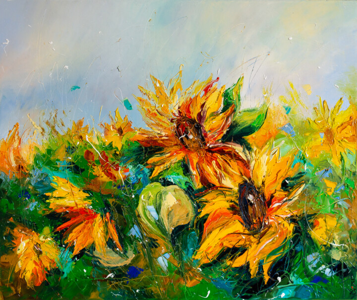 Painting titled "Sunflowers" by Liubov Kuptsova, Original Artwork, Oil Mounted on Wood Stretcher frame