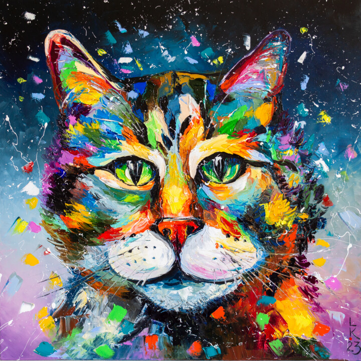 Malarstwo zatytułowany „Colorful cat” autorstwa Liubov Kuptsova, Oryginalna praca, Olej Zamontowany na Drewniana rama noszy