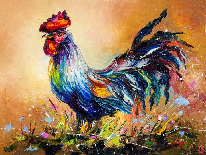 Painting titled "Rooster in the yard" by Liubov Kuptsova, Original Artwork, Oil Mounted on Wood Stretcher frame