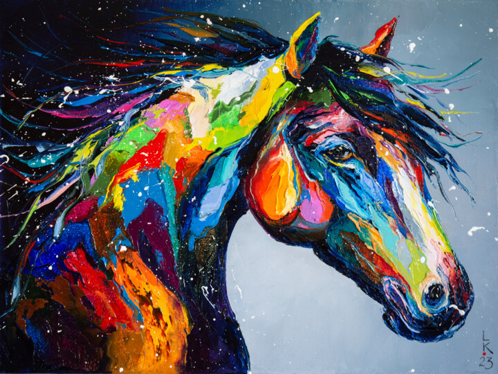 Peinture intitulée "Colorful horse" par Liubov Kuptsova, Œuvre d'art originale, Huile Monté sur Châssis en bois
