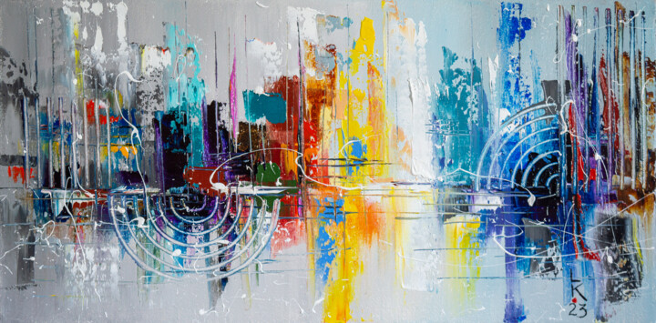 Painting titled "City of colored dre…" by Liubov Kuptsova, Original Artwork, Oil Mounted on Wood Stretcher frame