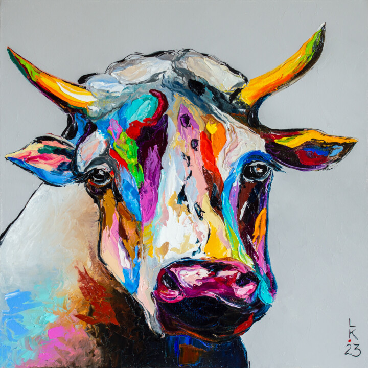 Painting titled "Sad cow" by Liubov Kuptsova, Original Artwork, Oil