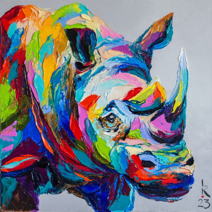 Картина под названием "Colored Rhinoceros" - Liubov Kuptsova, Подлинное произведение искусства, Масло Установлен на Деревянн…