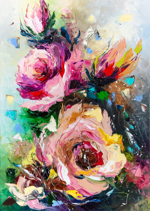 Painting titled "Symphony of Bloomin…" by Liubov Kuptsova, Original Artwork, Oil Mounted on Wood Stretcher frame