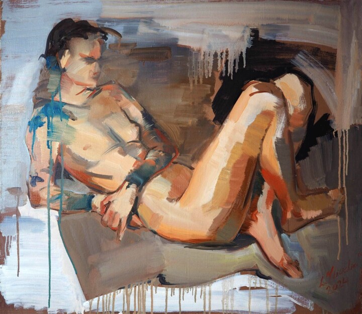 Painting titled "Nude model in warm…" by Liudmila Iliuchina, Original Artwork, Oil