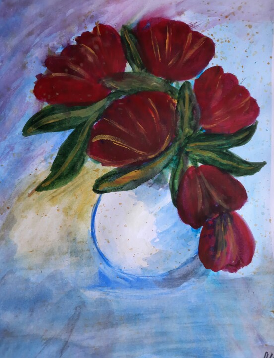 Painting titled "ваза с цветами" by Liudmila Korzh, Original Artwork, Watercolor