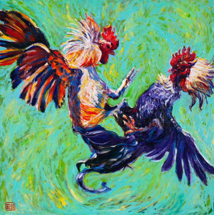 Malerei mit dem Titel "Fighting Roosters" von Liudmila Pisliakova, Original-Kunstwerk, Öl