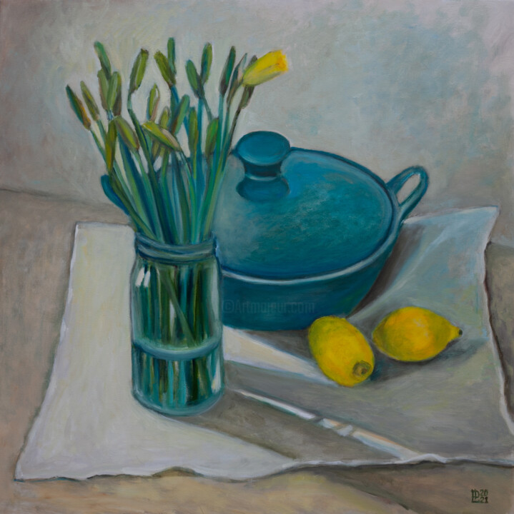 Painting titled "Muted Still Life Wi…" by Liudmila Pisliakova, Original Artwork, Oil Mounted on Wood Stretcher frame