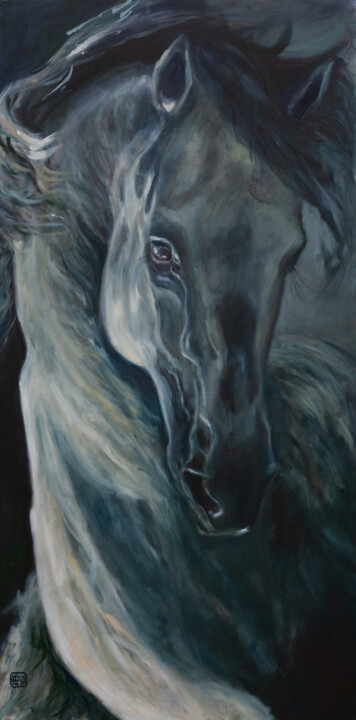 Painting titled "Silver Horse" by Liudmila Pisliakova, Original Artwork, Oil Mounted on Wood Stretcher frame