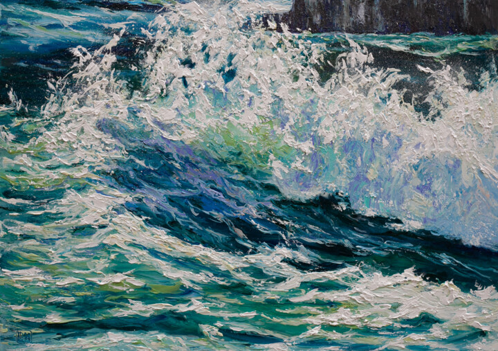 Painting titled "Wave" by Liudmila Pisliakova, Original Artwork, Oil Mounted on Wood Stretcher frame