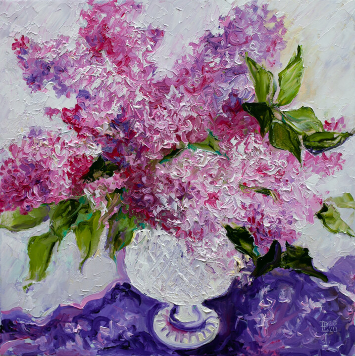 Painting titled "Lilac Laces" by Liudmila Pisliakova, Original Artwork, Oil Mounted on Wood Stretcher frame
