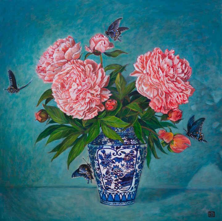 Painting titled "Peonies And Butterf…" by Liudmila Pisliakova, Original Artwork, Oil Mounted on Wood Stretcher frame