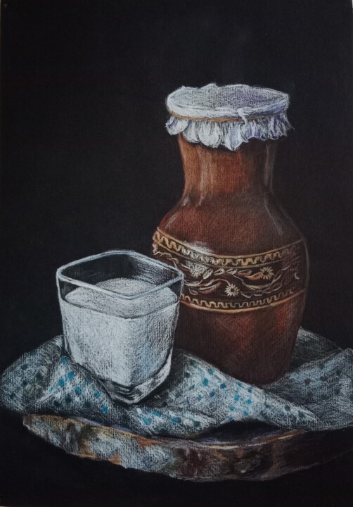 Dessin intitulée "Still life with jar" par Liudmila Rabinovich, Œuvre d'art originale, Conté