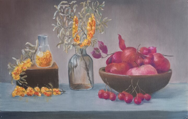 Desenho intitulada "sea buckthorn still…" por Liudmila Rabinovich, Obras de arte originais, Pastel