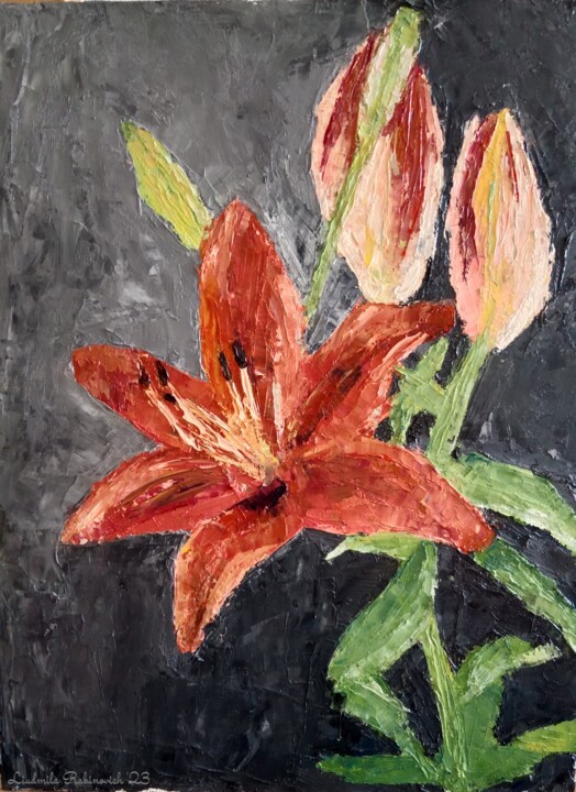 Pintura titulada "flower study with p…" por Liudmila Rabinovich, Obra de arte original, Oleo
