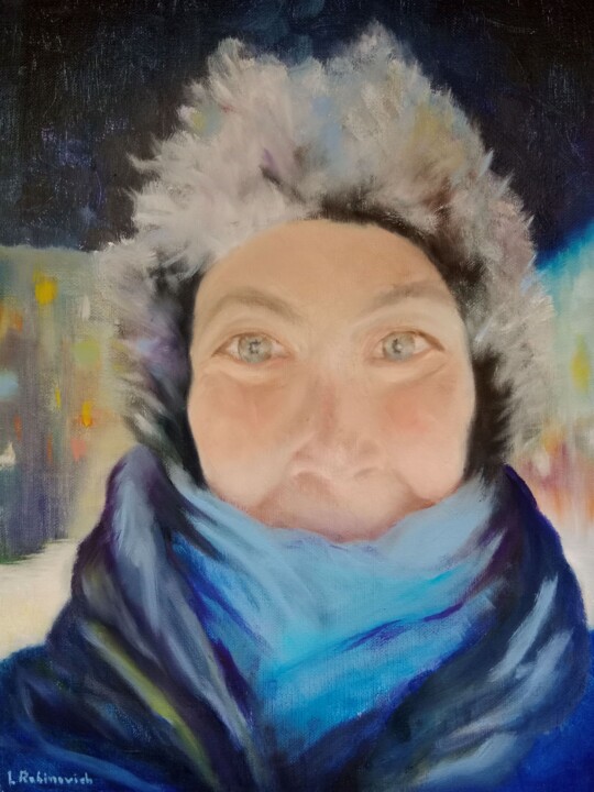 Painting titled "Woman in a fluffy h…" by Liudmila Rabinovich, Original Artwork, Oil