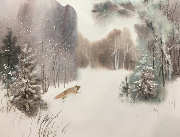 Painting titled "Зима.Лисичка." by Liudmila Stoilik, Original Artwork, Watercolor