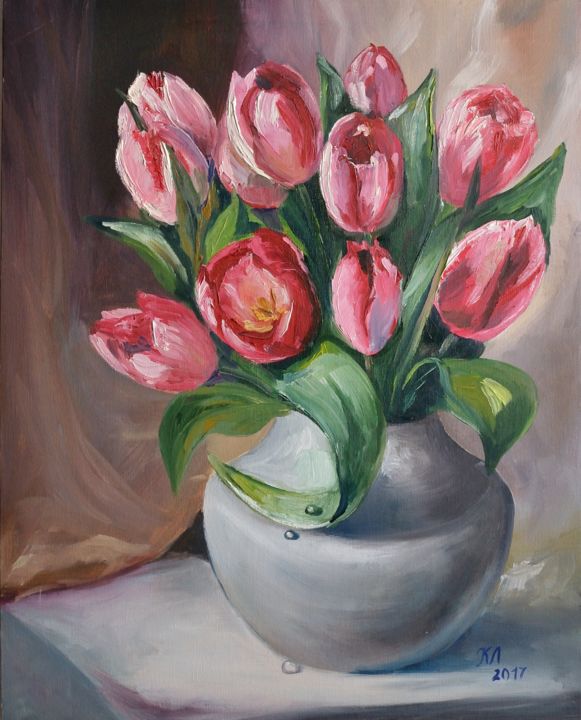 Картина под названием "Тюльпаны" - Людмила Кузнецова, Подлинное произведение искусства, Масло