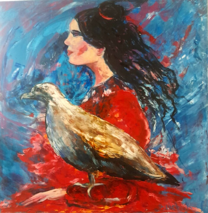 Painting titled "Woman with a bird" by Liudmyla Boichuk, Original Artwork, Oil