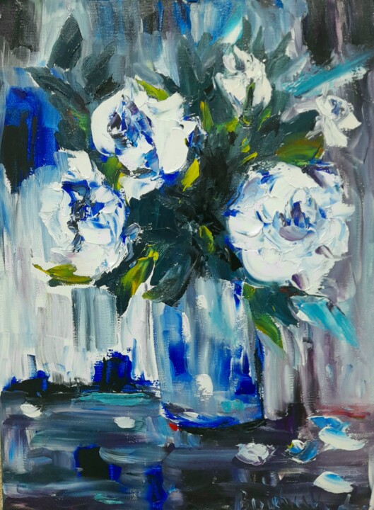 Painting titled "White roses" by Liudmyla Boichuk, Original Artwork, Oil
