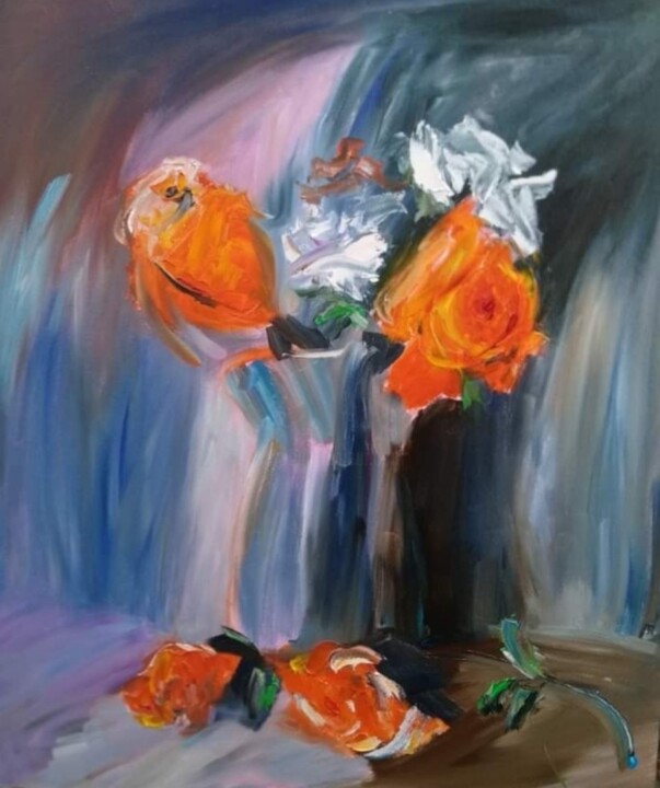 Painting titled "Orange roses" by Liudmyla Boichuk, Original Artwork, Oil