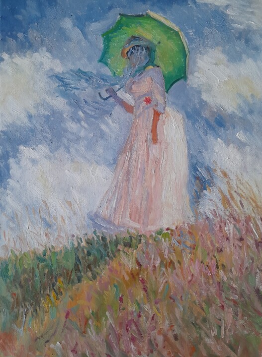 Malerei mit dem Titel "A woman with umbrel…" von Liudmyla Lelechenko, Original-Kunstwerk, Öl