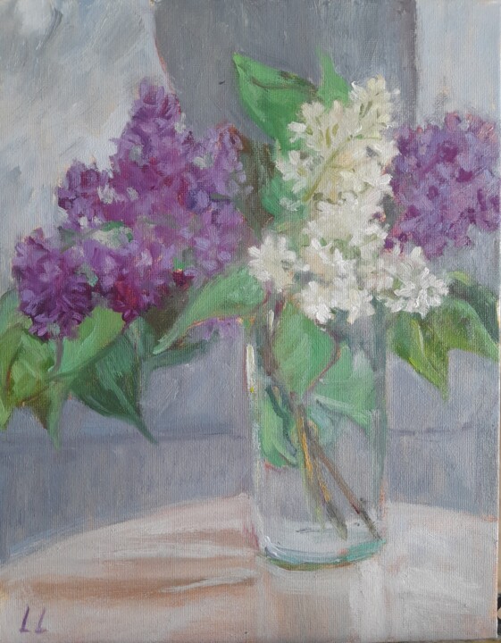 Malarstwo zatytułowany „Lilac in  glass” autorstwa Liudmyla Lelechenko, Oryginalna praca, Olej