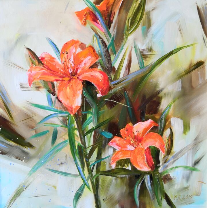 Painting titled "Lis orange. Orange…" by Liudmyla Riabkova, Original Artwork, Oil Mounted on Wood Stretcher frame