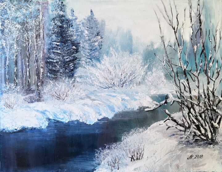Pintura intitulada "l'hiver dans la for…" por Liudmyla Riabkova, Obras de arte originais, Óleo Montado em Armação em madeira