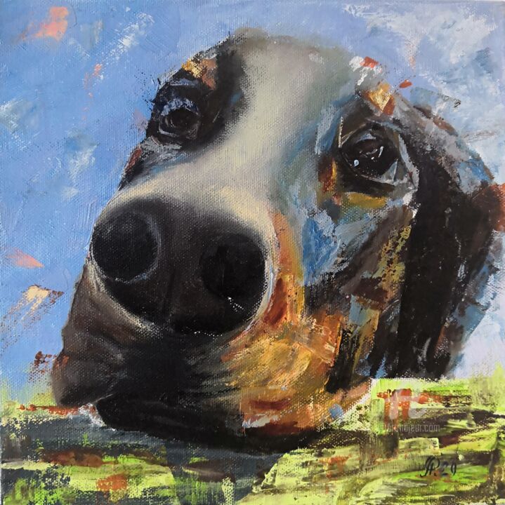 Painting titled "Dog Doberman" by Liudmyla Riabkova, Original Artwork, Oil