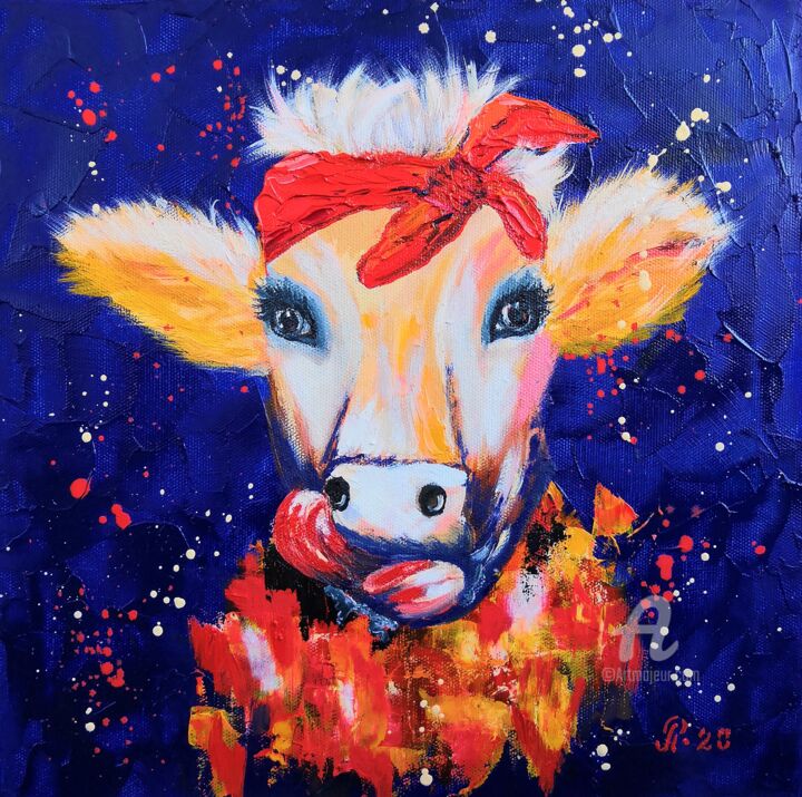 Painting titled "Cow" by Liudmyla Riabkova, Original Artwork, Oil
