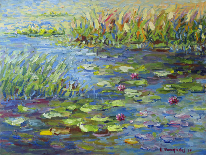 Painting titled "Nymphaeas in the la…" by Liudvikas Daugirdas, Original Artwork, Oil