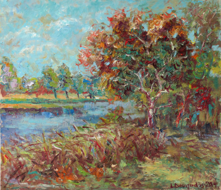 Painting titled "Near the pond" by Liudvikas Daugirdas, Original Artwork, Oil