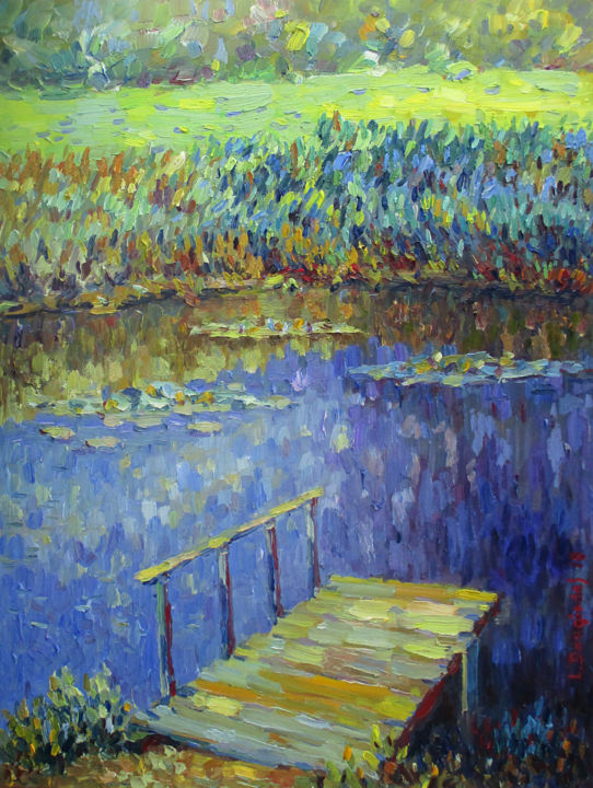 Malerei mit dem Titel "A small foot bridge…" von Liudvikas Daugirdas, Original-Kunstwerk, Öl