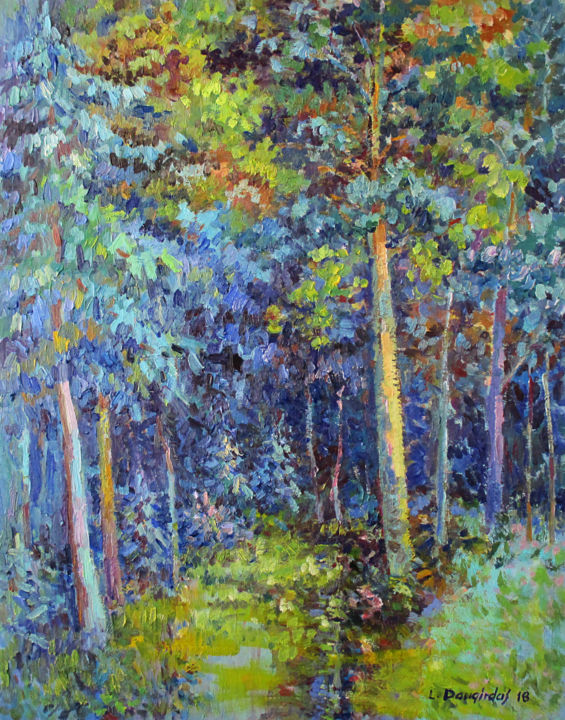 Painting titled "In the pine-tree fo…" by Liudvikas Daugirdas, Original Artwork, Oil
