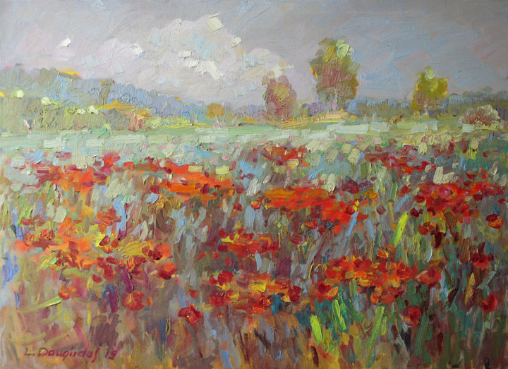 Painting titled "The poppy field" by Liudvikas Daugirdas, Original Artwork, Oil