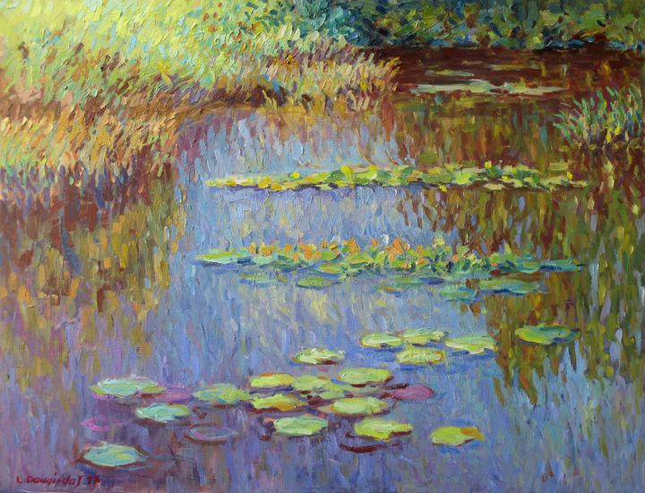 Painting titled "Water lilies with t…" by Liudvikas Daugirdas, Original Artwork, Oil