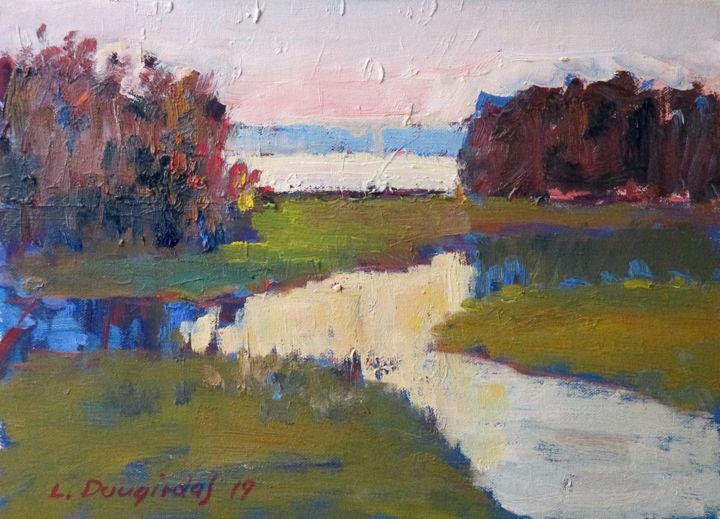 Painting titled "The summer evening" by Liudvikas Daugirdas, Original Artwork, Oil Mounted on Cardboard