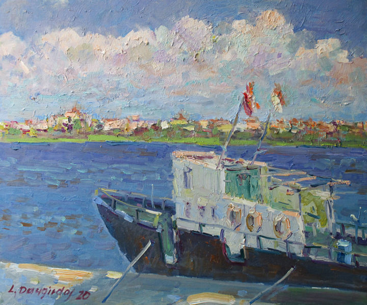 Painting titled "The boat at the quay" by Liudvikas Daugirdas, Original Artwork, Oil