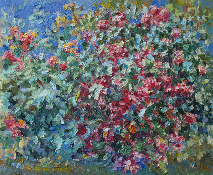 Painting titled "Peonies in blossom" by Liudvikas Daugirdas, Original Artwork, Oil