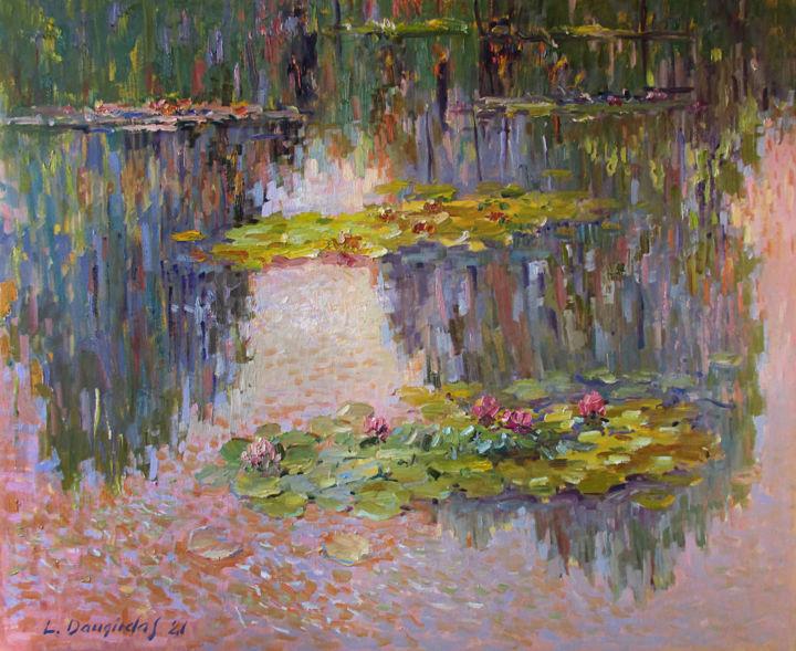 Pintura intitulada "Water lilies with r…" por Liudvikas Daugirdas, Obras de arte originais, Óleo Montado em Armação em madei…