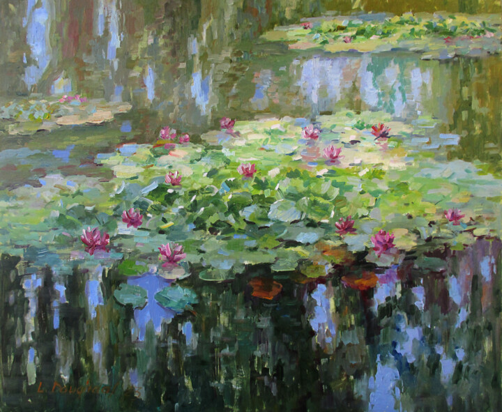 제목이 "Water lilies in the…"인 미술작품 Liudvikas Daugirdas로, 원작, 기름 나무 들것 프레임에 장착됨