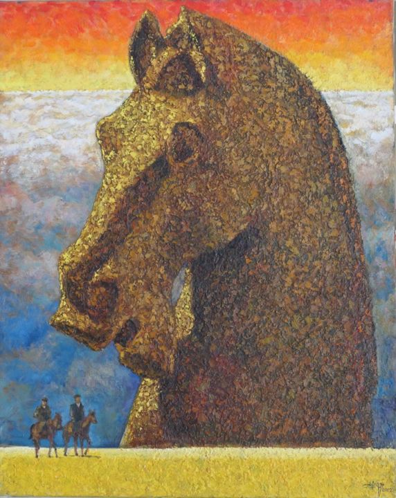 Painting titled "Galloping Horse" by Yang-Che Liu, Original Artwork, Oil