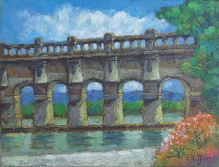 Peinture intitulée "Guanxi Arch Bridge" par Yang-Che Liu, Œuvre d'art originale, Huile
