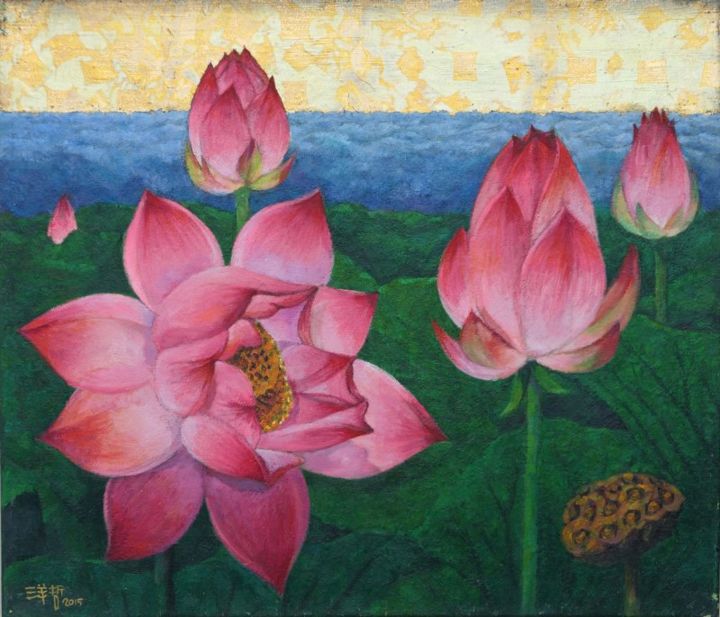 Schilderij getiteld "Summer Lotus" door Yang-Che Liu, Origineel Kunstwerk, Olie